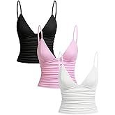 winkbay Women's 3 Pack Ruched Crop Camisole Top Summer Deep V Neck Spaghetti Strap Fitted Dressy Casual Tops