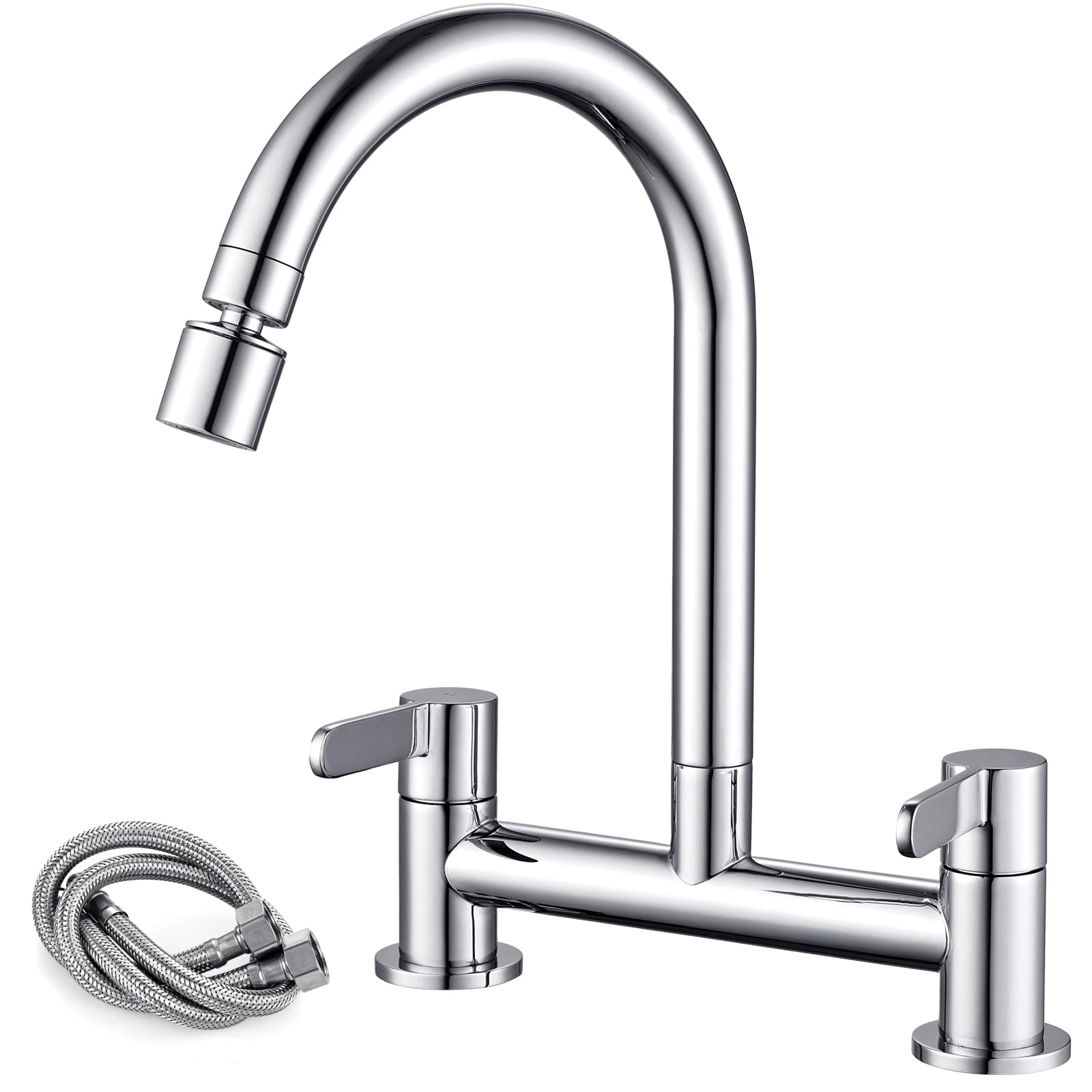 Peppermint Kitchen Mixer Taps 2 Hole with 2 Function Aerator Kitchen Sink Mixer Taps Dual Lever Chrome Bridge Sink Mixer Tap for Kitchens 360° Swivel 180MM Center Deck Mounted 1/4 Turn Faucet