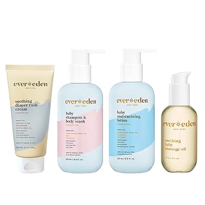 Evereden Baby Shampoo and Body Wash, 8.5 fl oz &amp; Fragrance Free Baby Moisturizing Lotion, 8.5 fl oz &amp; Soothing Baby Massage Oil, 4 fl oz &amp; Diaper Rash Cream, 3.0 fl oz | 4 Item Bundle | Clean Babycare