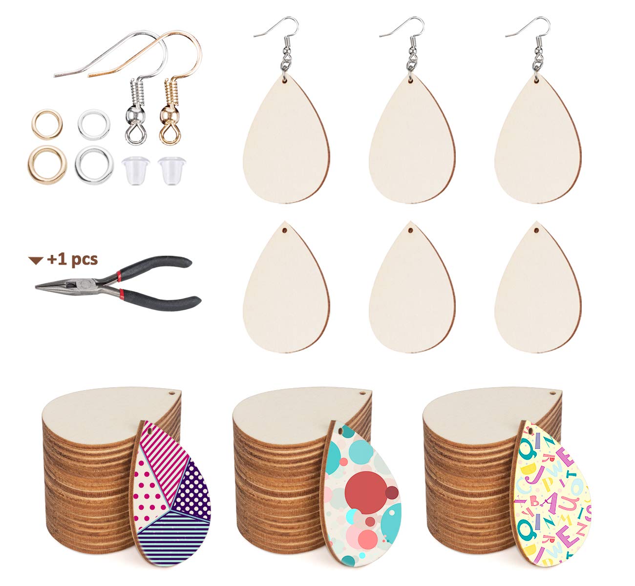 ilauke 100pcs Sublimation Earring Blanks Bulk, Unfinished Wood Earrings Teardrop Pendants, Earring Findings Wood Blanks for Women DIY Earring Project Sublimation Earrings Accessories