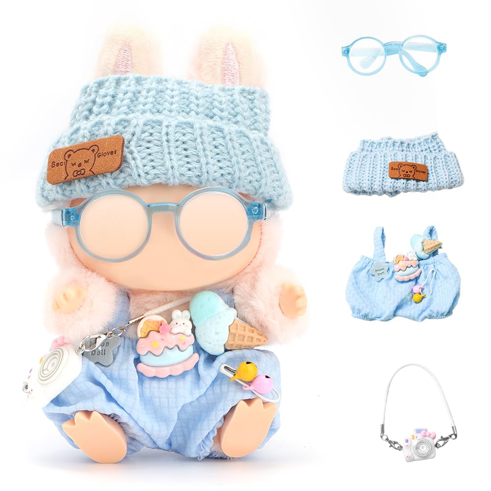 Doll Outfits for 17cm Plush Pendant Blind Box Figures,Hat and Overalls Set for Blind Box Doll,come with Glasses,Blind Box Figures Clothes Decoration Accessories (Blue)