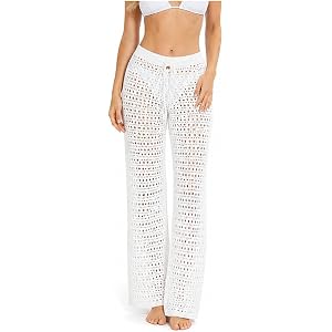 Dynvernal Beach Cover Up Pants for Women Drawstring Elastic High Waist Crochet Mesh Knit Bathing Suit Swim Coverup Pants
