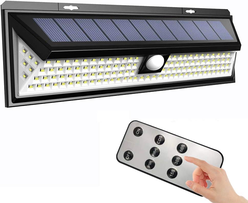 118 LED Solar Lights Outdoor IP65 Waterproof Solar Powered Security Lights with Remote Control und Motion Sensor 3 Modes Super Bright Wall Lights for Garden Patio Yard Fence Walkway [Energy Class A]