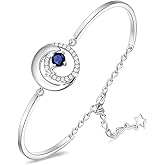 FANCIME Birthstone Bracelets 925 Sterling Silver Moon and Star Bangle Charm Bracelet Fine Jewelry Anniversary Birthday Mothers Day Gifts for Her Women, Adjustable Chain 6.7"+1.2" Extend