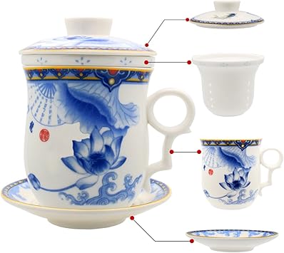 Hollihi Porzellan Teetasse mit Deckel und Untersetzer und Innensieb