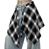OULIGET Women's Grunge Mini Plaid Skirt,Hip-Hop One-Piece Tie Up Asymmetrical Skirt,Y2k Overlapping Jeans Decorate Skater