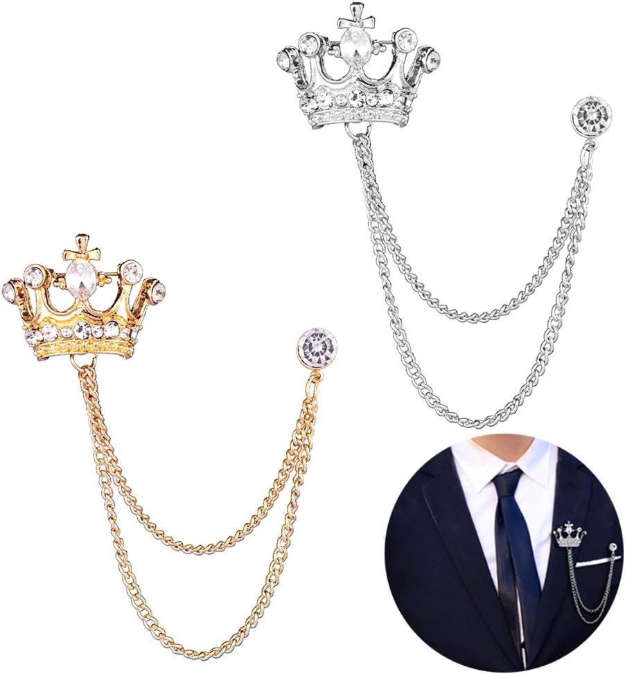 Shuxy 2PCS Men's Brooch Crown Hanging Chain Brooch Stone