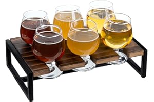 MyGift Urban Industrial Beer Whiskey Flight Board Tasting Set Includes Solid Burnt Wood and Black Metal Server Tray and 6 Sma