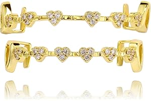 TOPGRILLZ Heart Vampire Teeth Grillz for Women – Gold Tooth Cap with Iced out Faux Diamond Design, Fake Fangs Grills for Your Teeth, Cosplay Tooth Jewelry