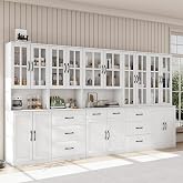 VOWNER Bookcase with Glass Doors, 5-Tier Modern Bookshelf with Large Drawer, Glass Display Cabinet with Large Storage Shelf, Combination Storage Cabinet for Home Office, ABCDE (White)