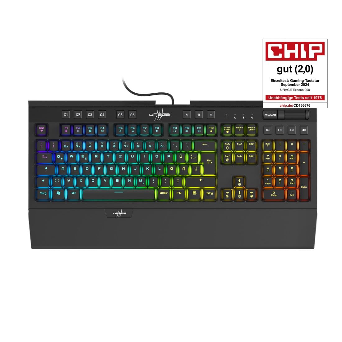 uRage Gaming Tastatur "Exodus 900 Mechanical" QWERTZ (Gamer Keyboard, mechanisch, taktile Switches braun, lautlos, DE Layout, Anti-Ghosting, RGB beleuchtete Tasten, Handballenauflage, Kabel) schwarz 8
