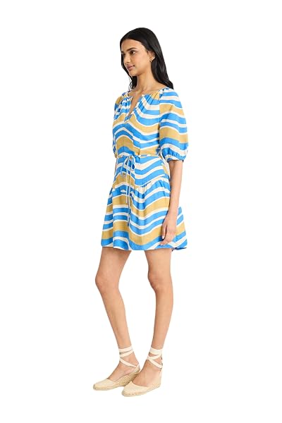 THE GOOD JOURNEY WOMEN’S TIERED MINI-ELEGANT SPLIT NECKLINE PUFF SLEEVE A-LINE DRESS WITH SEMI-SHEER TEXTURE FOR SPECIAL OCCASIONS, BLUE/CREAM SODA