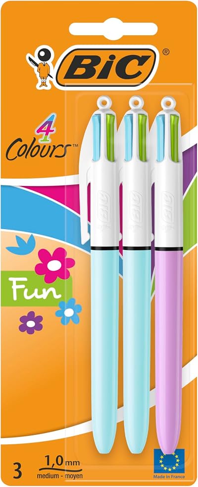 BIC 4 Colours Pens Multicolour Fun 4 Colour Retractable Ballpoint Pack of 3