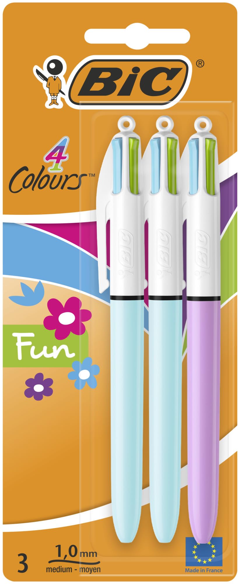BIC 4 Colours Pens Multicolour Fun - 4 Colours Pastel Barrel Retractable Ballpoint Pens - Pack of 3
