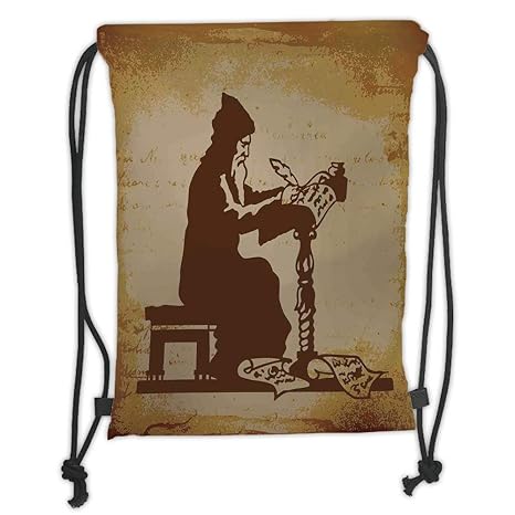 Icndpshorts Drawstring Backpacks Bags,Medieval Decor,Old Monk Writing a Choronicle of Events Illustration of The Past Retro S