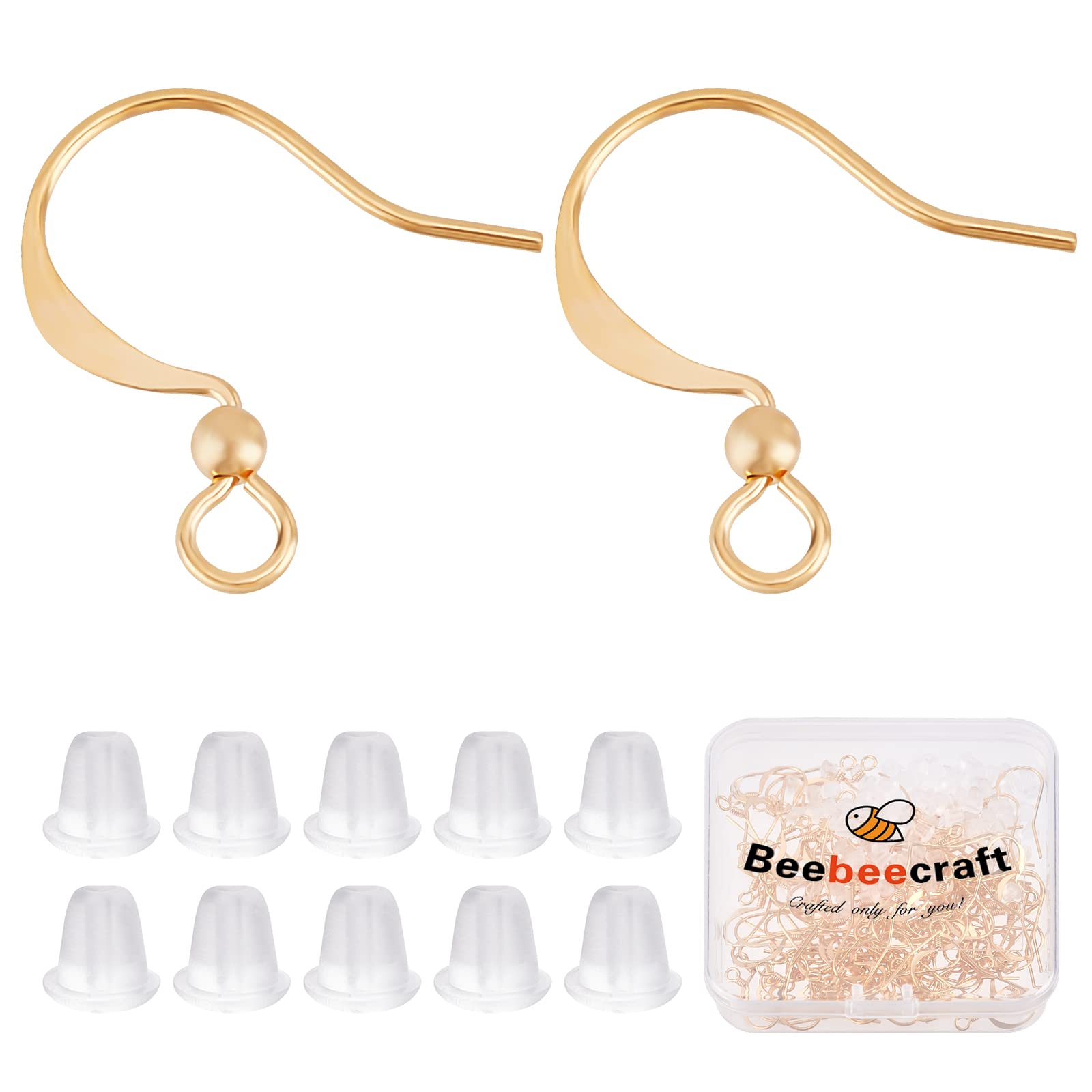 Beebeecraft 120Pcs/Box 18K Gold Plated Earring Hooks Ear Wires Fish Hooks with Ball and 120Pcs Rubber Earring Backs Stopper for DIY Earring Making