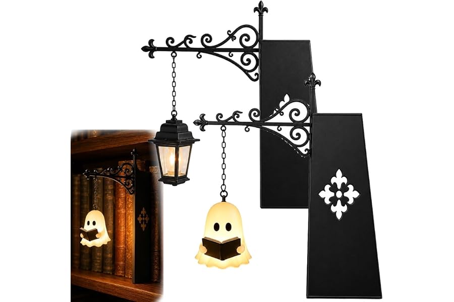 SXEWXWO Ghost Bookshelf Lantern，Library Mini Bookshelf Lamp, Little Cute Lantern-Decorative Library Hanging Resin Lighting, Miniature Halloween Vintage Patchwork Reading Book LED Nightlight(G+L)