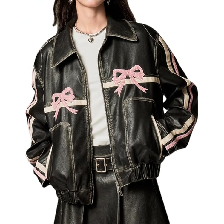 Hesaco Y2k Leather Jacket Bowknot Bowtie Graphic Motorcycle Jacket