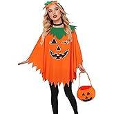 SECBOO 3PCS Pumpkin Costume for Women Adults - Halloween Pumpkin Poncho with Headband & Candy Bag | Ghost Hippie Cape,Glow in The Dark Cosplay Party Cloak Outfit