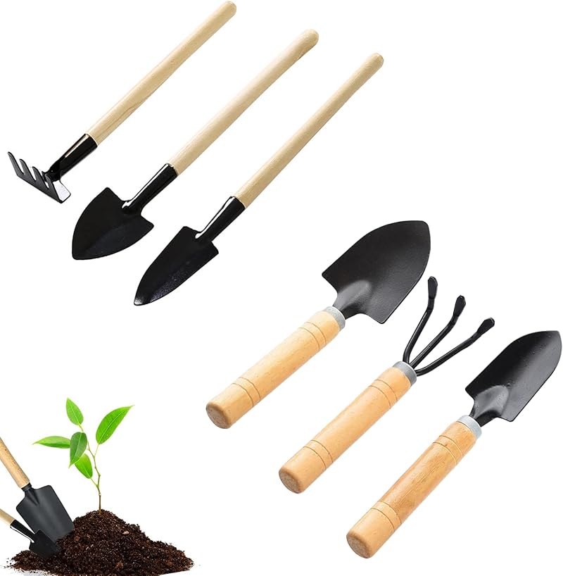 NEUSID Mini Garden Tools Set 6 Pieces Wood Handle Shovel Rake Trowel