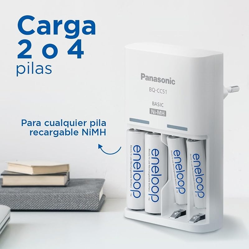 Básico. Carregador para 2 ou 4 pilhas AA/AAA Ni-MH com 4 baterias eneloop AAA/Micro com capacidade aumentada e 6 novas características de segurança.