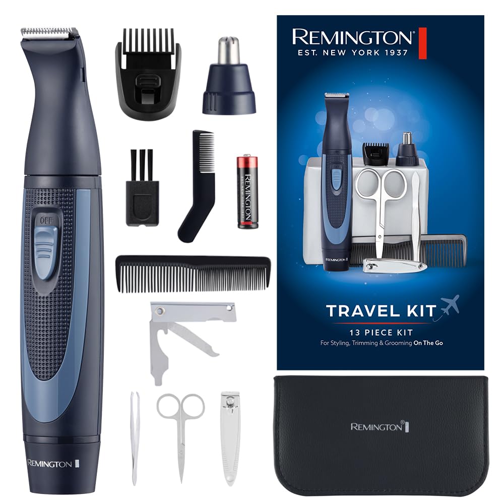 Remington Hygiene Travel Kit with Case (13 Pieces for Hair, Manicure, Pedicure etc., Beard Trimmer, Ear Hair, Facial Hair & Eyebrow Trimmer, Nail Clipper, Scissors, Tweezers, 2 Combs etc.) NE3890