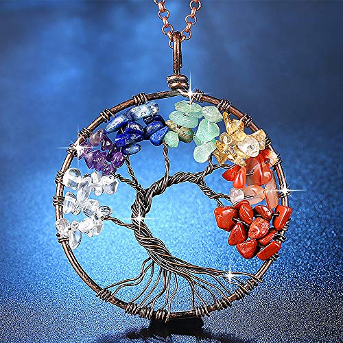 AQwzh.. NIUTA Chakra Gemstone Tree of Life Natural Tumbled Gemstone Wire Wrapped Pendant Necklace - Thumbnail 6