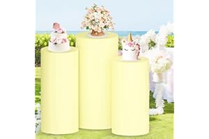 PATYDEST Spandex Cylinder Covers Set of 3 Yellow Cylinder Stand Covers Stretchable Cylinder Plinth Covers for Pedestal Stand 3PCS Round Cylinder Pedestal Stand Covers for Parties Baby Shower Decor