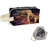 SuoSycorax Lion Printed Quilted Makeup Pouch for Women - Velvety Polyester Cosmetic Organizer w/Triple Compartments, Travel & Makeup Brush Holder