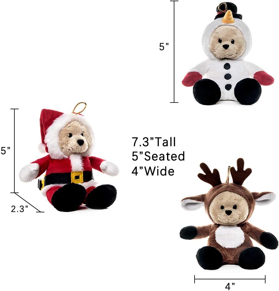 My OLi 7 Inch Christmas Teddy Bears 3 Pack, Santa Reindeer Snowman Plush with Flip-Top Hats, Xmas Tree Hanging Ornaments - Image 5