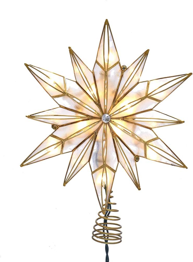 Tree Toppers - Kurt Adler 10-Light 12-Point Capiz Star and Center Gem Treetop