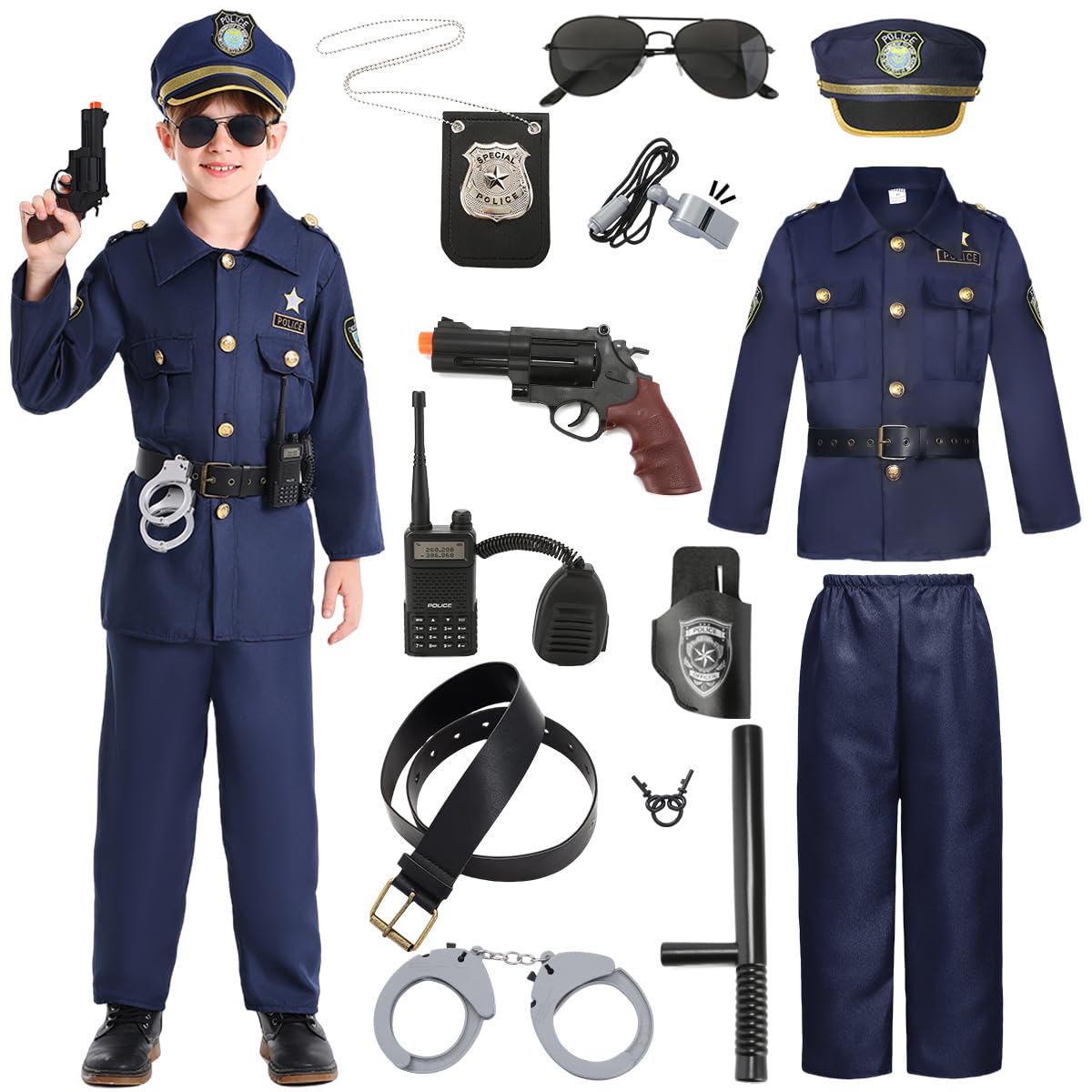 Photo 1 of 12 Pcs Halloween Police Officer Costume Kids Boys Cop Policeman Cosplay Outfits Uniform with Gear Accessories Walkie Talkie Handcuffs Sunglasses Police Badge Props Whistle Holster Baton DY012S