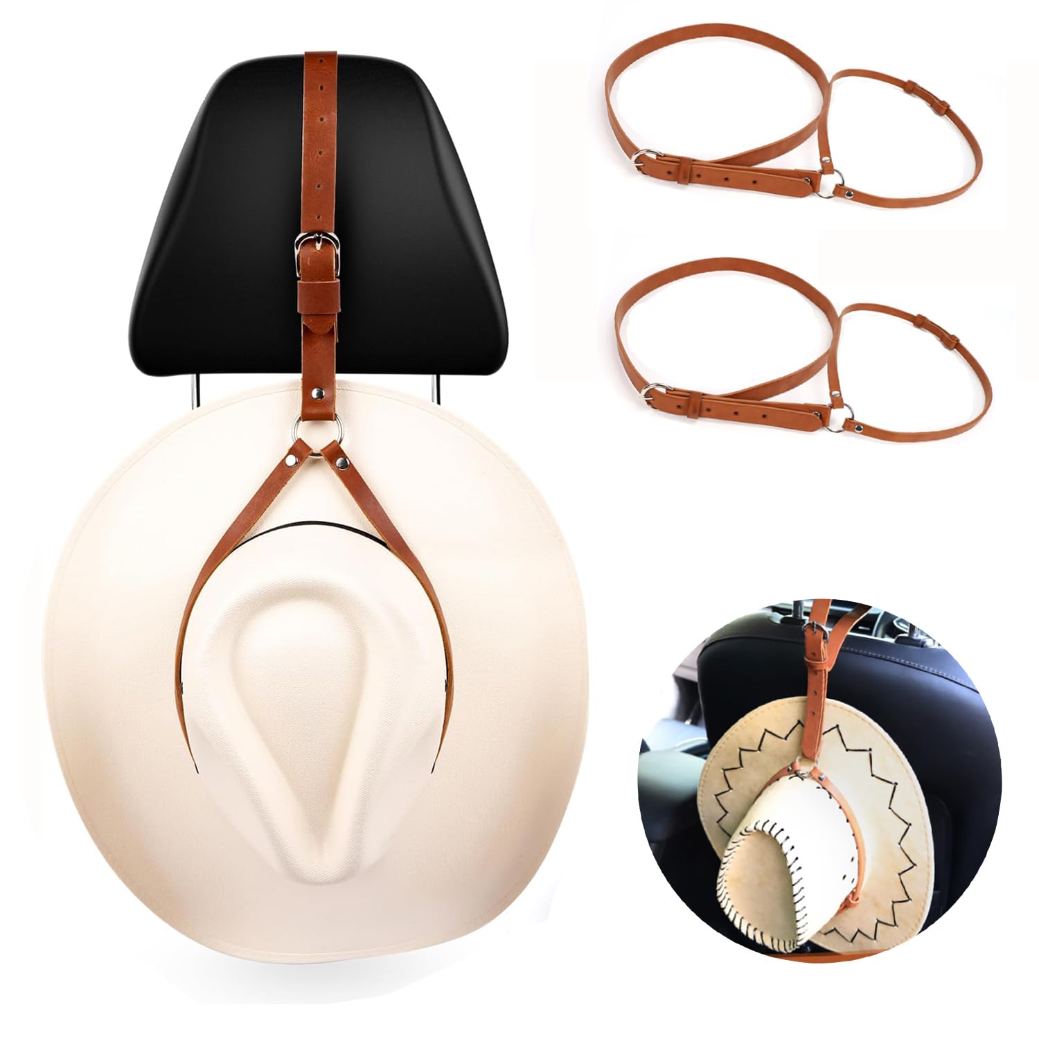 Photo 1 of HIASTRA Cowboy Hat Holder for Your Vehicle, 2 PCS Leather Cowboy Hat Mounts for truck, Cowboy Hat Rack for Pickup Truck Keep Your Hat Securely, Brown
