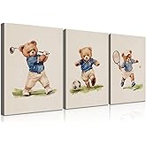 Watercolor Sports Teddy Bear Wall Art Set of 3 - Golf, Soccer, Tennis Themed Canvas Prints - Neutral Nursery Decor for Boys Room, Kids Bedroom, Playroom Wall Decor - Framed to Hang 12x16 In