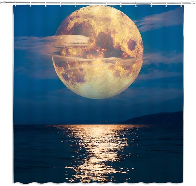 HLSCYZ Cool Moon Shower Curtain Golden Full Moon Reflected