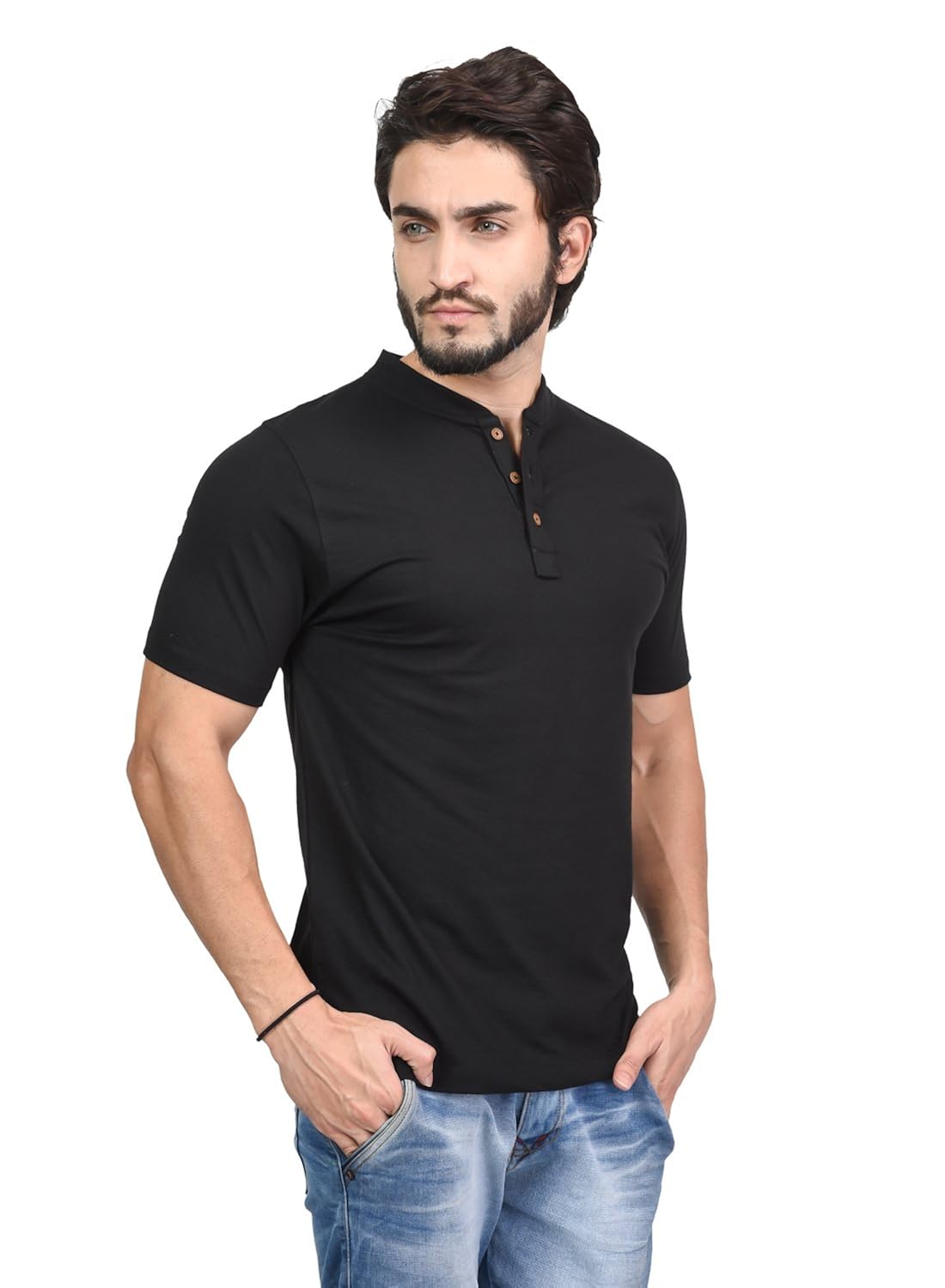 men's plain half sleeves henley neck cotton blend t-shirt (t005)