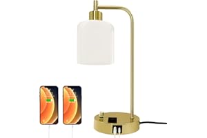 GLITI Industrial Table Lamp, Stepless Dimmable Gold Desk Lamp with 2 USB Ports and AC Power Outlet, Frosted GlassShade, Eye-Caring Bedside Nightstand Lamps for Bedroom Living Room (Gold)