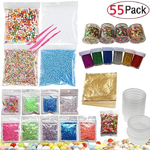 52 Pack Slime Making Kits Supplies,Gold Leaf,Foam Balls,Glitter Shake Jars,Fishbowl Beads,Fruit Slices,Fake Sprinkles,Glitter Sequins Accessories, Slime Tools (Slime Kits+8 Slime Containers)