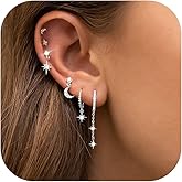 6 Pcs/6 Pairs Hypoallergenic 925 Sterling Silver Stud Post 14K Gold Earrings for Women Moon Star Hoop Stackable Cubic Zirconia Chain Dangle Earring Set Stacks for Multiple Piercings