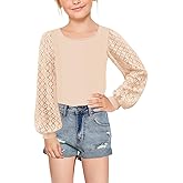 Geckatte Girls Long Sleeve T-Shirts Lace Crewneck Casual Plain Stretchy Ribbed Knit Blouses Tops 5-14 Years
