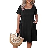 D.Q.RZhong Womens Plus Size Short Sleeve Dresses Square Neck Casual Summer Sundress Flowy Knee Length Dress with Pockets