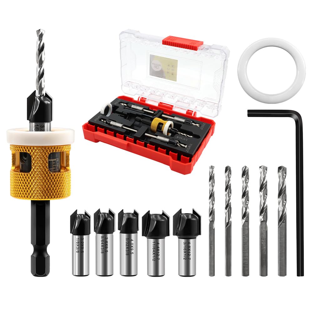 DARTOTEK Countersink Drill Bit Set 82 Degree Counter Bore Carbide Tipped Adjustable Depth Stop HSS Tapered Drill Head 3.2MM 3.6MM 4MM 4.4MM 4.8MM for Wood, Plastic, Woodworking, Quick Release Hex