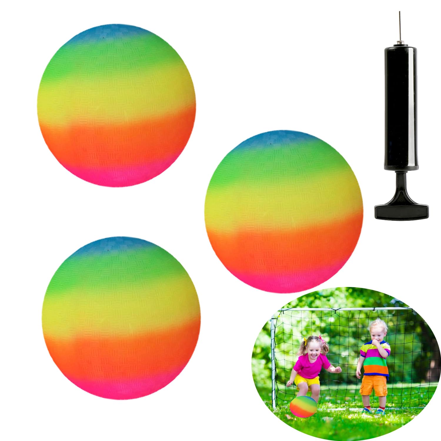 iHMeiju 3pcs Playground Balls with BONUS Air Pump, 8.5inch Rubber Inflatable Balls for Kids and Adult Kickball No Sting Balls for Kids Ball Games Gym Camps Yoga Exercises Indoor Outdoor Rainbow.