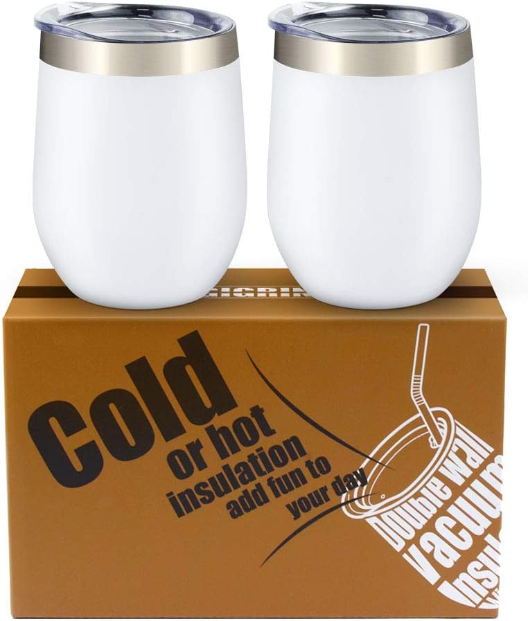 Wine Glasses, GIGRIN Stainless Steel Insulated Tumbler 12 oz Wine Cups for Coffee Drinks Champagne Cocktails, Beautiful Packaging (2 Pack, White)