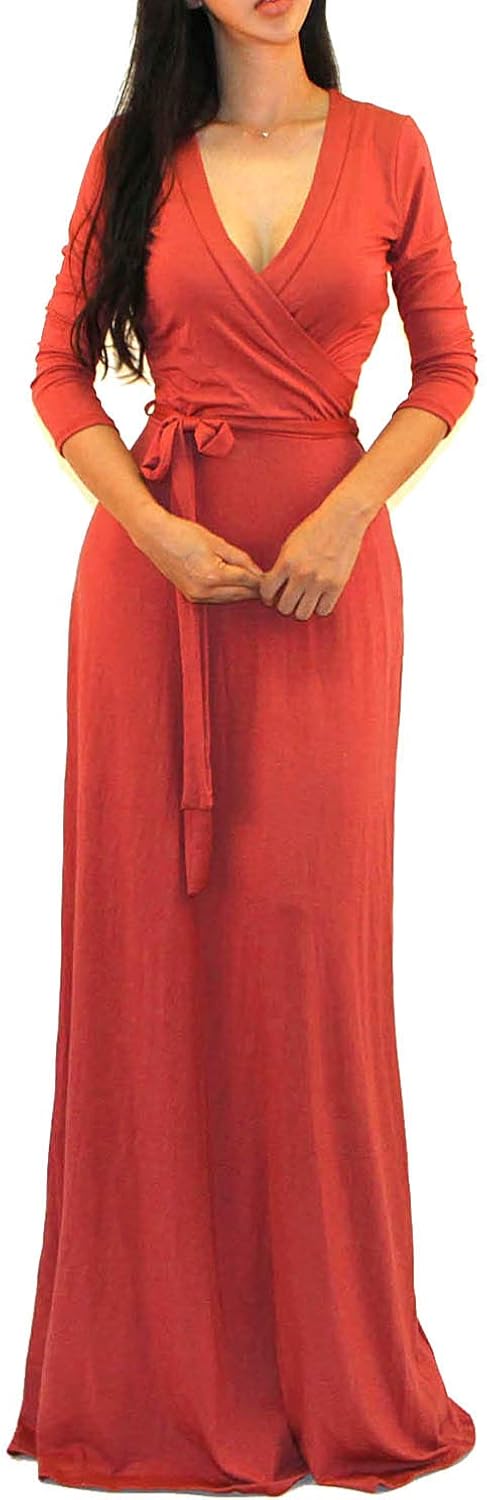 Vivicastle Women's USA Solid V-Neck 3/4 Sleeve Faux Wrap Waist Long Maxi Dress at  Women’s Clothing store