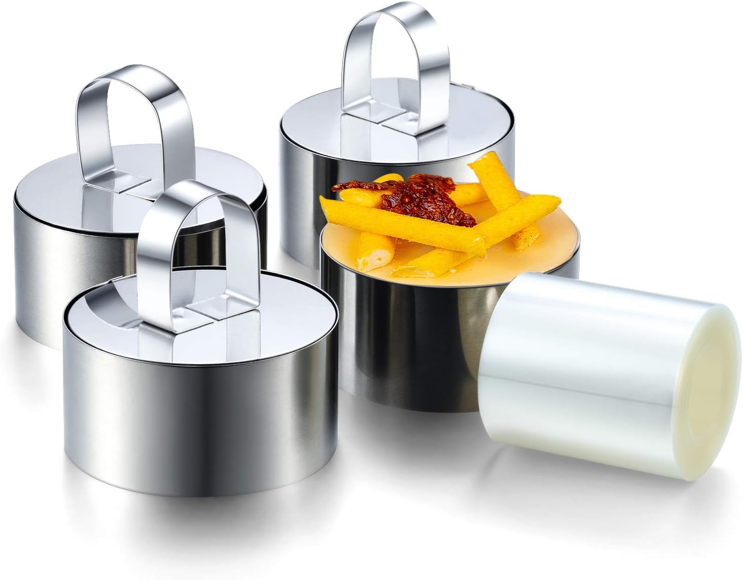 Boao Set of 4 Round Stainless Steel Cake Rings, 3 Inch Mousse and Pastry Mini Baking Ring Mold and 0.2 x 32.8 inch Clear Cake Collar with 4 Pusher