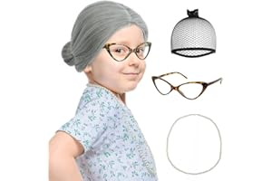 IMEYLE 4PCS Gray Old Lady Wig Granny Wig Grandma Wig for Girls kids 100 Days of School Old Lady Costume Grandma Costume for Halloween Costume Party +Wig Cap+Glasses+Pearl Necklace