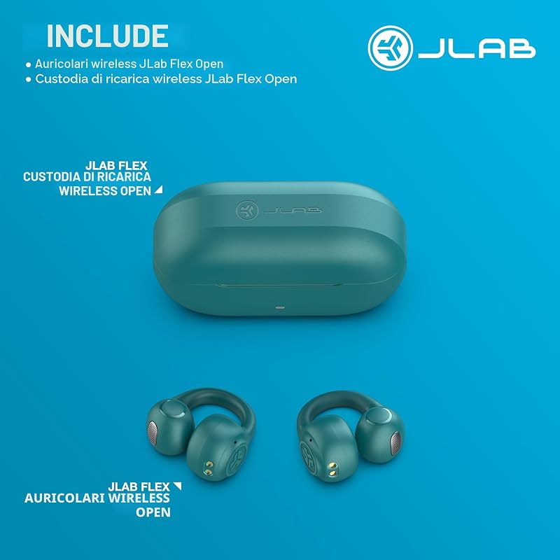 Flex Cuffie Open Ear - Auricolari Open Ear Wireless, Design con Clip, 21H di Autonomia, Auricolari con Bluetooth Multipoint, Microfono MEMS, Personalizzazione con App, Verde Acqua