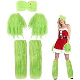 YEXEXINM 3 Pcs Christmas Big Monster Santa Cosplay Costume for Women with Green Fuzzy Faux Leg Warmers Hand Gloves and Furry Hair Bow, Halloween Costumes for Adult Outfit Accessories