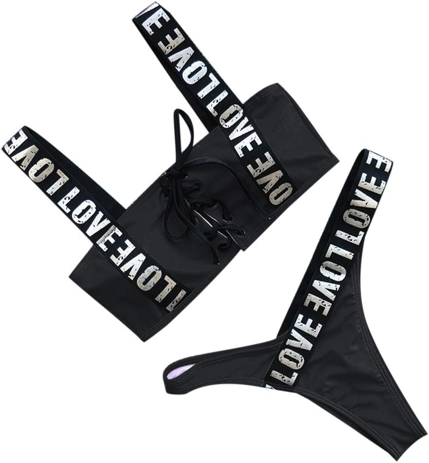 IMJONO Swimsuit for Woman, Ladies Bikini Set Swimwear Push-Up Padded Bandage Letter Bra Beachwear